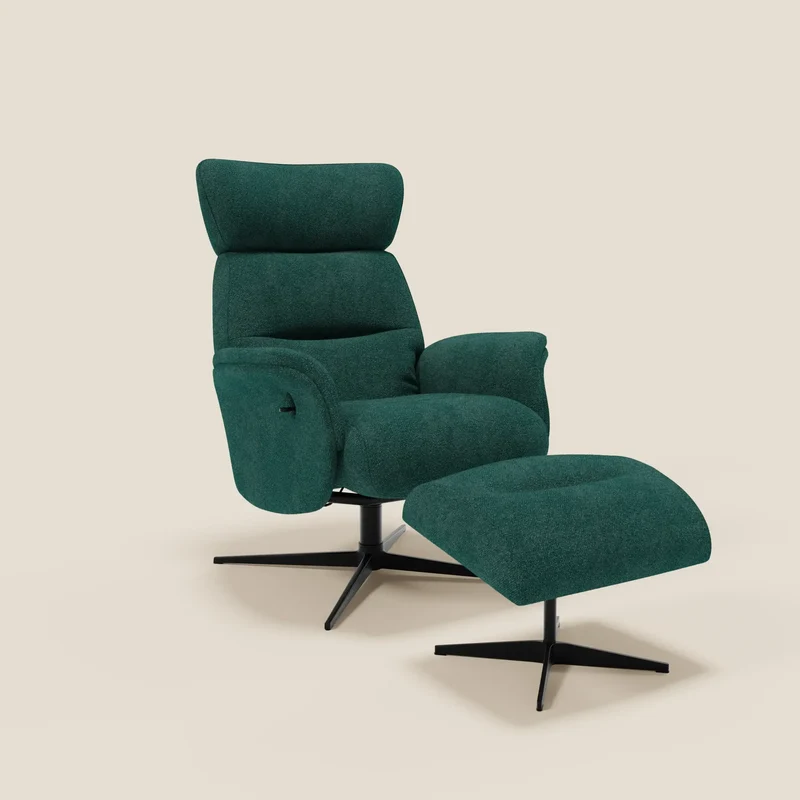 Lunor Poltrona relax reclinabile con pouf poggia-piedi in tessuto bouclé impermeabile T07 verde