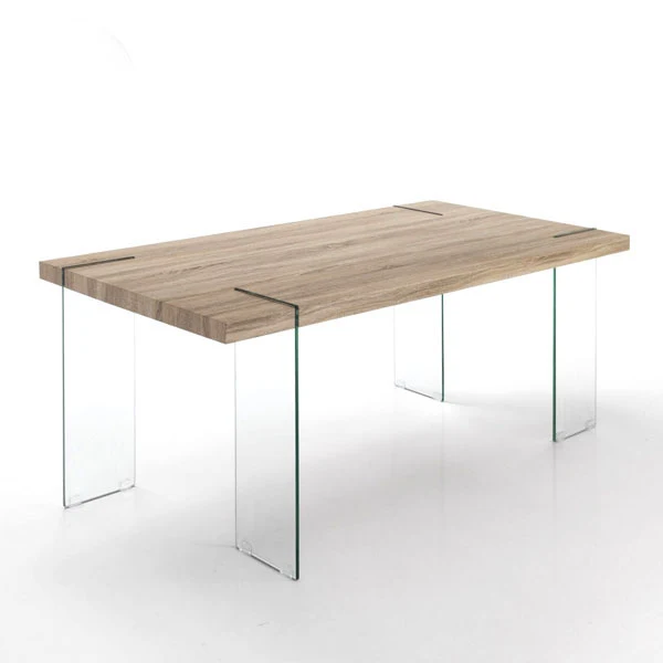 Tavolo design moderno fisso piano in legno naturale gambe in vetro - vari colori