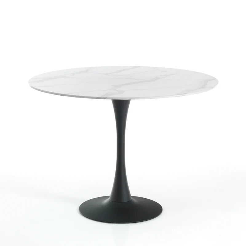 Tavolo moderno tondo fisso base in acciaio piano in vetro effetto marmo cm Ø 90x75h