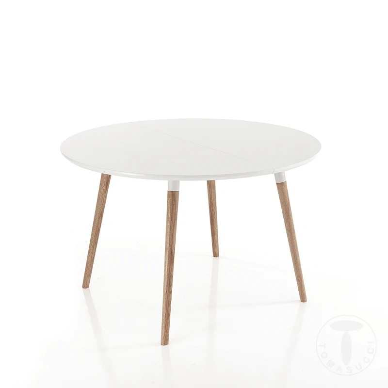 Tavolo tondo moderno in legno massello allungabile colore bianco opaco e rovere cm 120/220x120x75h