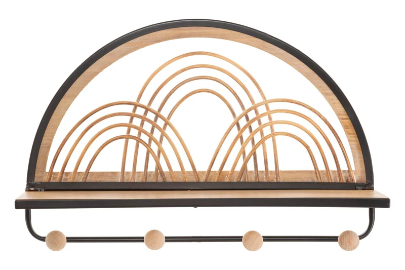 Mensola da muro con ripiano e ganci appendiabiti in metallo e rattan cm 46x15x30h