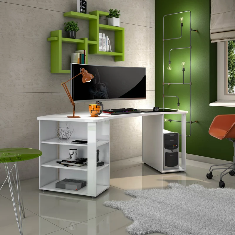 Scrivania gaming porta pc con ripiani colore bianco lucido cm 204x87x76h