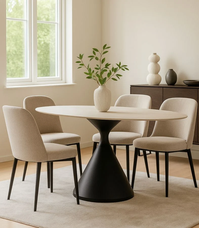 Tavolo fisso da pranzo con piano ovale in legno e gamba a clessidra cm 180x90x73h