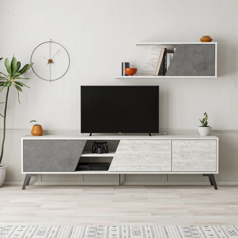Mobile TV 1 Anta e Mensola 48x35,6x180 cm in MDF Fiona Bianco e Grigio Seconda Scelta