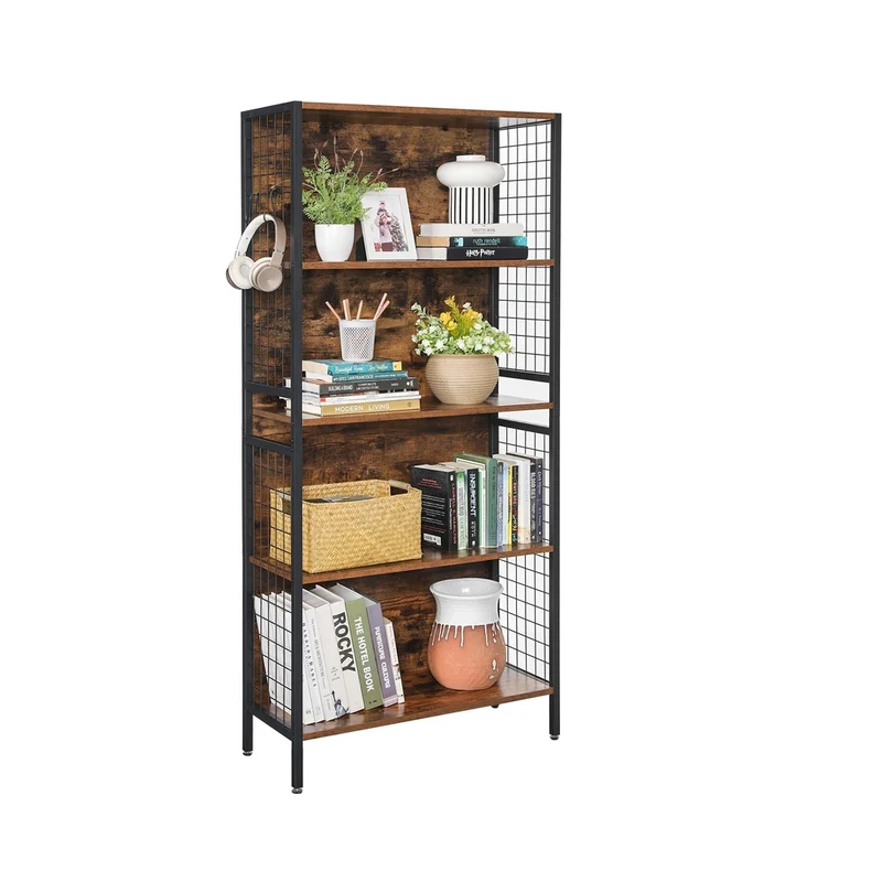 Scaffale Ufficio a 4 Ripiani 4 Ganci per Studio Cucina Marrone Vintage e Nero