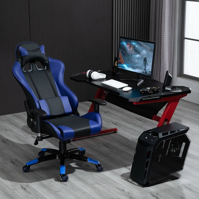 EASYCOMFORT Poltrona da Ufficio Gaming Girevole Reclinabile Nero e Blu Ecopelle