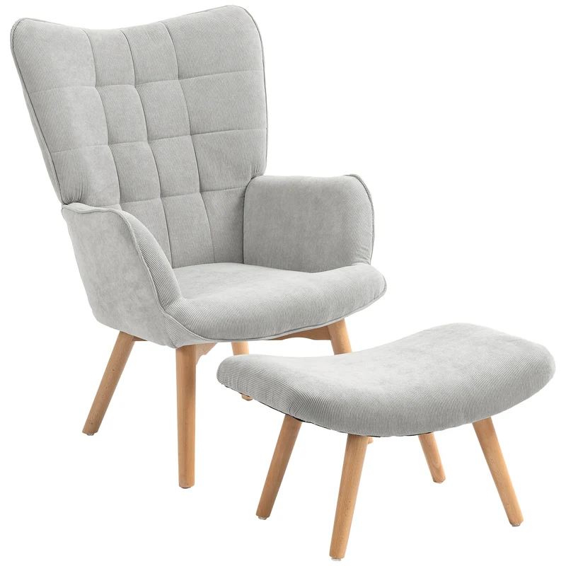 Poltrona da Salotto con Pouf Poggiapiedi 72x80x101 cm in Velluto a Costine Grigio