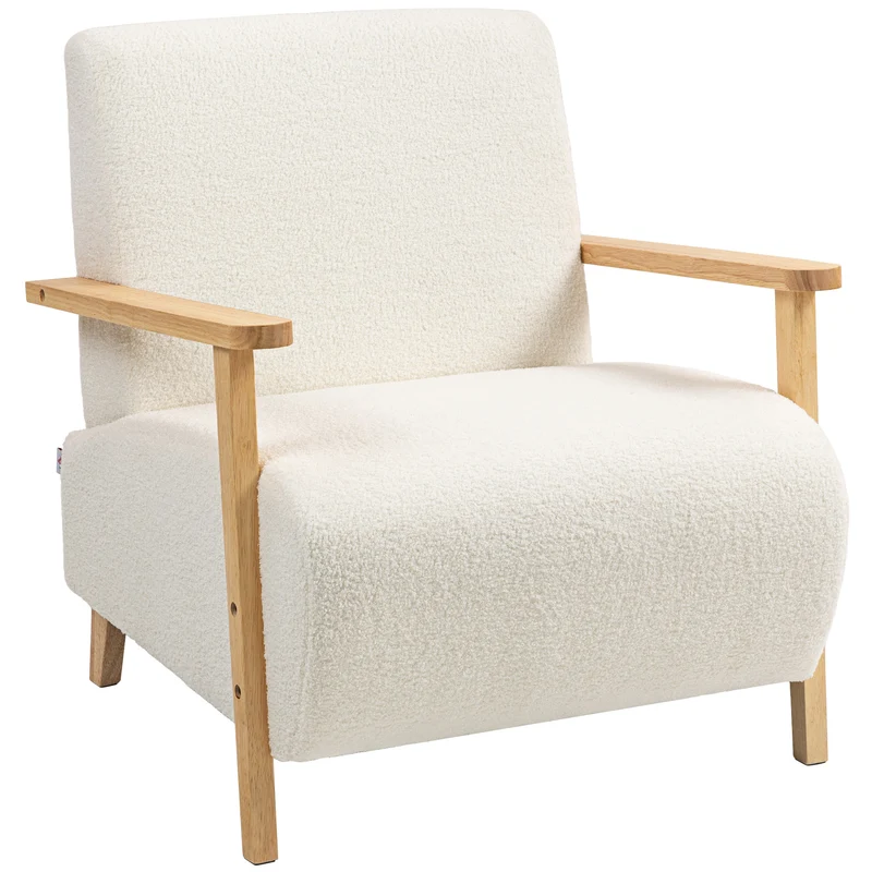 Poltrona da Salotto Stile Nordico 74,5x76x78 cm in Tessuto Sherpa con Braccioli e Gambe in Legno Crema