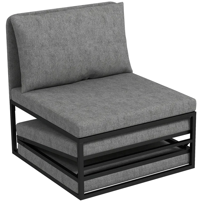 Poltrona Letto Singolo con Cuscino 66x70x74 cm in Tessuto Effetto Lino e Metallo Grigio