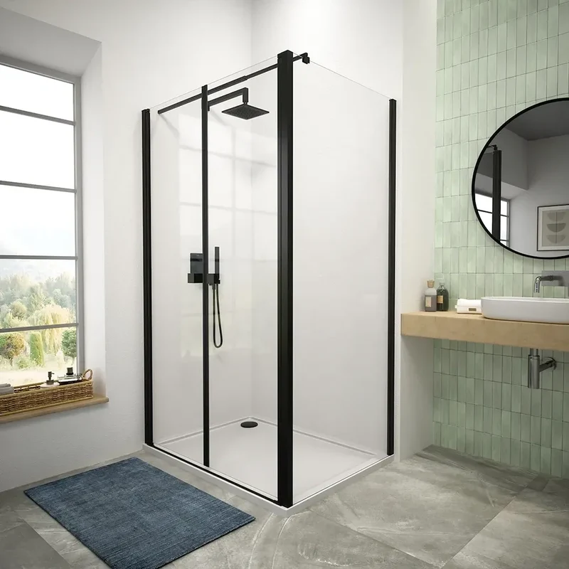 Box doccia 110x90 cm porta saloon e parete fissa profili nero opaco e vetro da 8mm trasparente h195 | Fiji