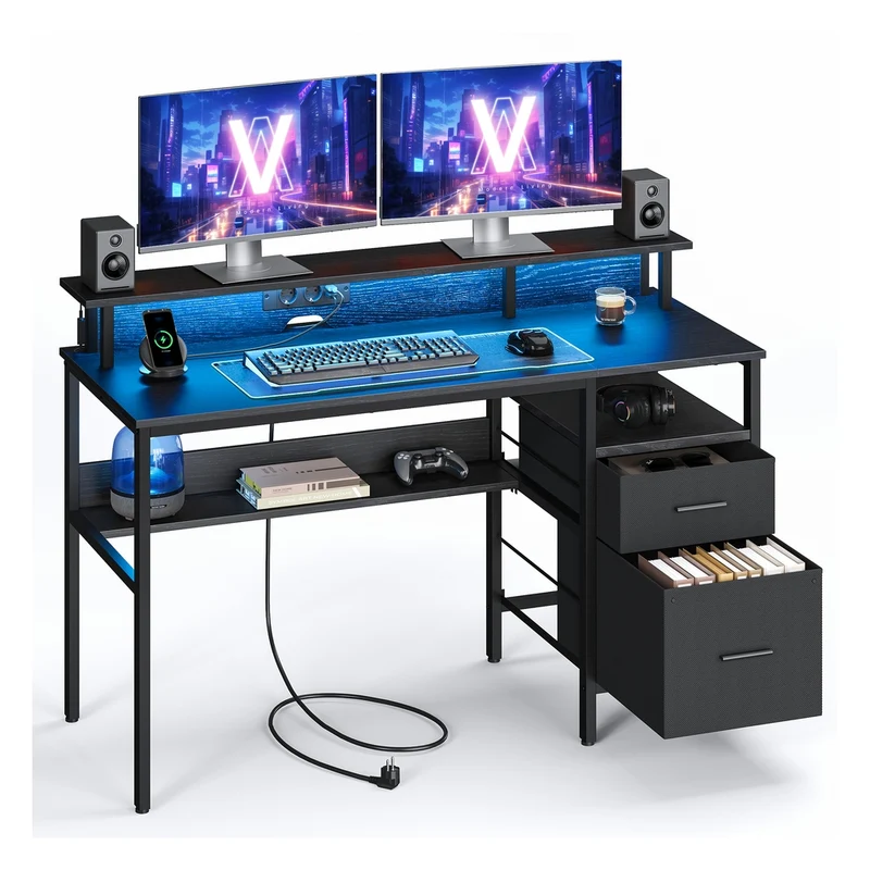 Scrivania per Computer con Luci a LED e Prese di Corrente Integrate