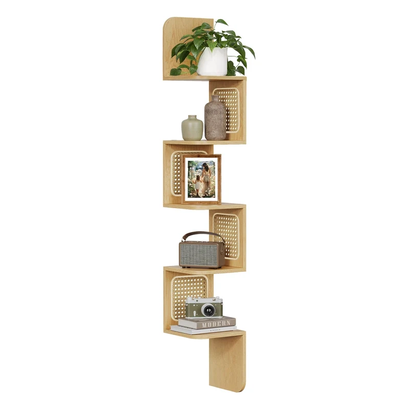 Libreria Mensola Angolare da Muro a Zigzag Lati in Rattan PVC