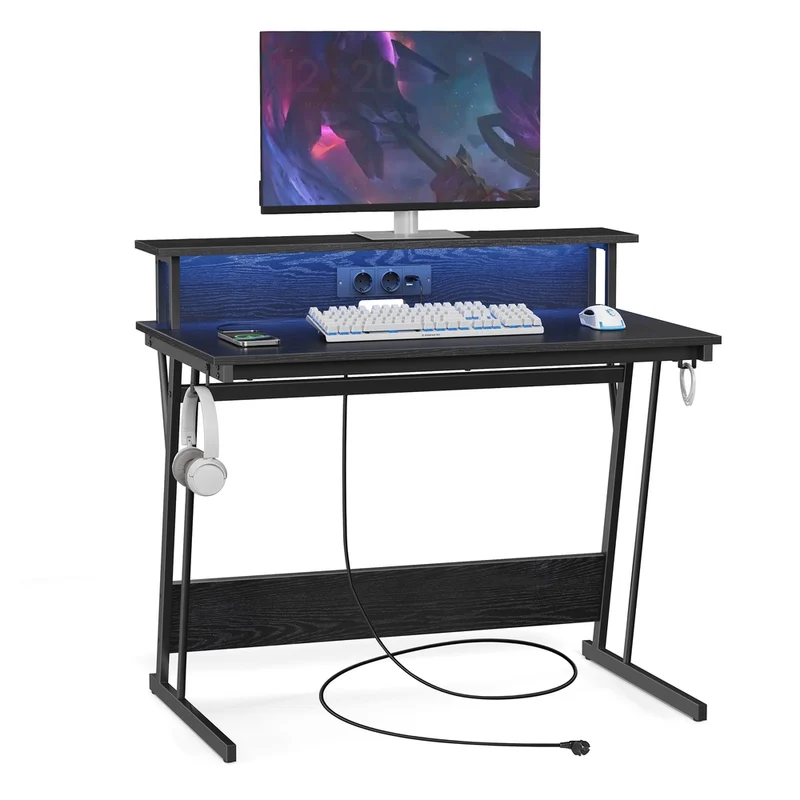 Scrivania da Gaming con Luci LED Prese di Corrente Supporto per Monitor