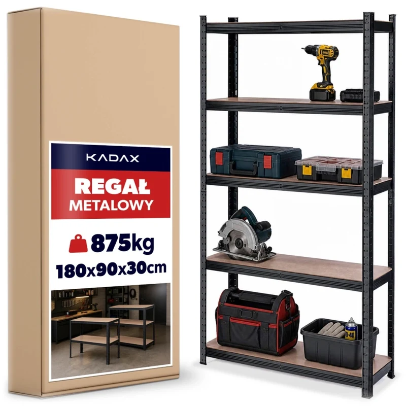Scaffalatura metallica KADAX a 5 ripiani per garage, 180x90x30 cm, portata 875 kg, ideale per cantina.