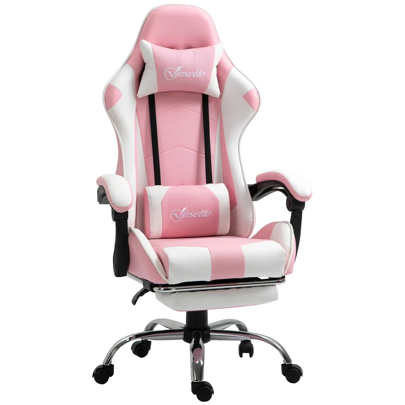 Sedia Gaming Ergonomica Reclinabile con Poggiatesta, Cuscino Lombare, Altezza Regolabile, Rosa e Bianco