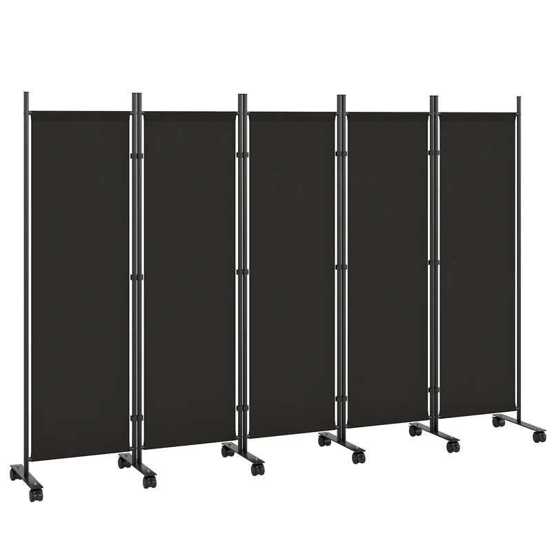Divisorio Decorativo da Interno a 5 Pannelli 252x40x170 cm con 12 Ruote e Clip di Connessione in Acciaio Nero