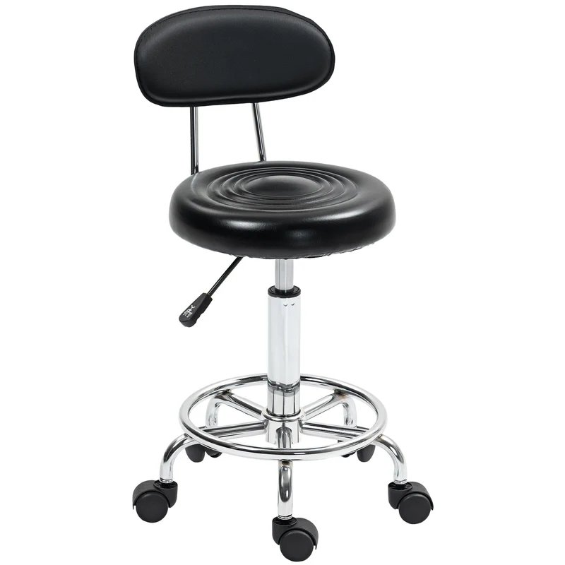 Sgabello Regolabile Girevole a 360° con Schienale 32x40x70-86 cm Ruote e Poggiapiedi in Acciaio Finta pelle e Schiuma Nero