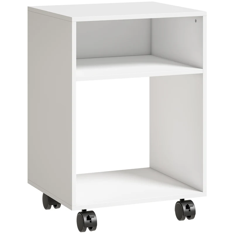 Mobile Porta Stampante 40x35x55 cm con Ruote a Freno e 2 Scomparti Aperti in Legno Bianco