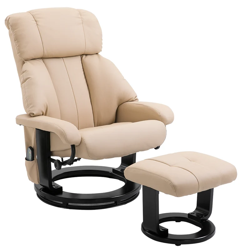 Poltrona Relax Reclinabile 76x80x102 cm Massaggiante con Pouf Poggiapiedi e Telecomando Struttura in Legno Crema