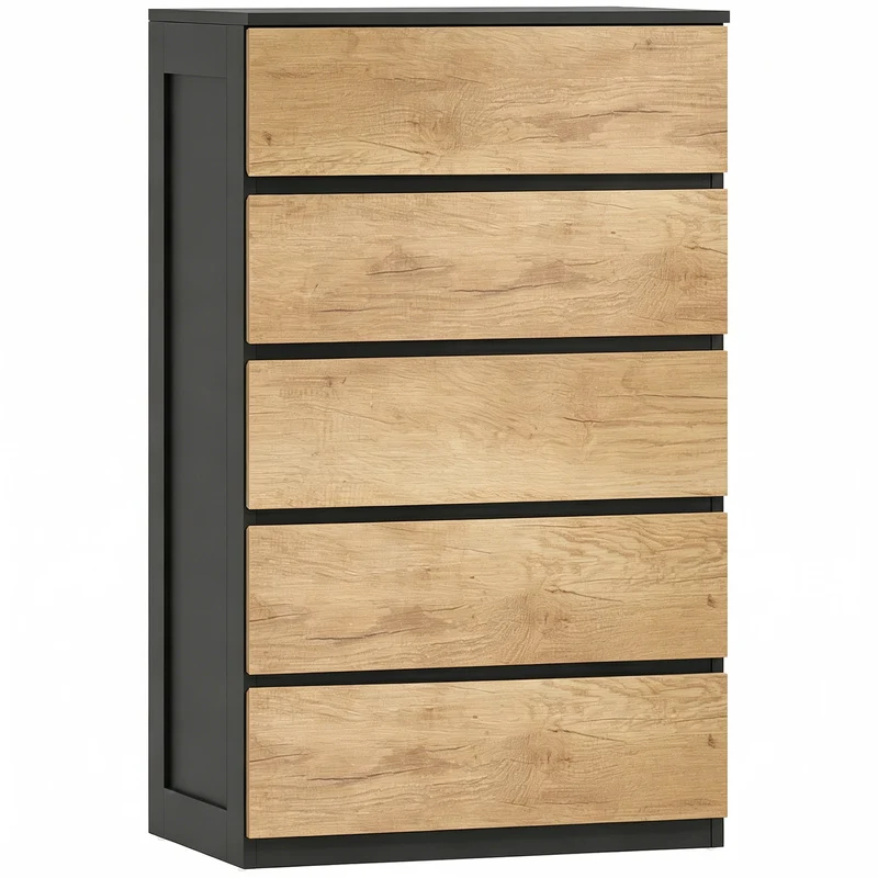 Cassettiera 5 Cassetti 60x39x100 cm con Guide in Metallo e Maniglie Scanalate in Legno Nero e Rovere