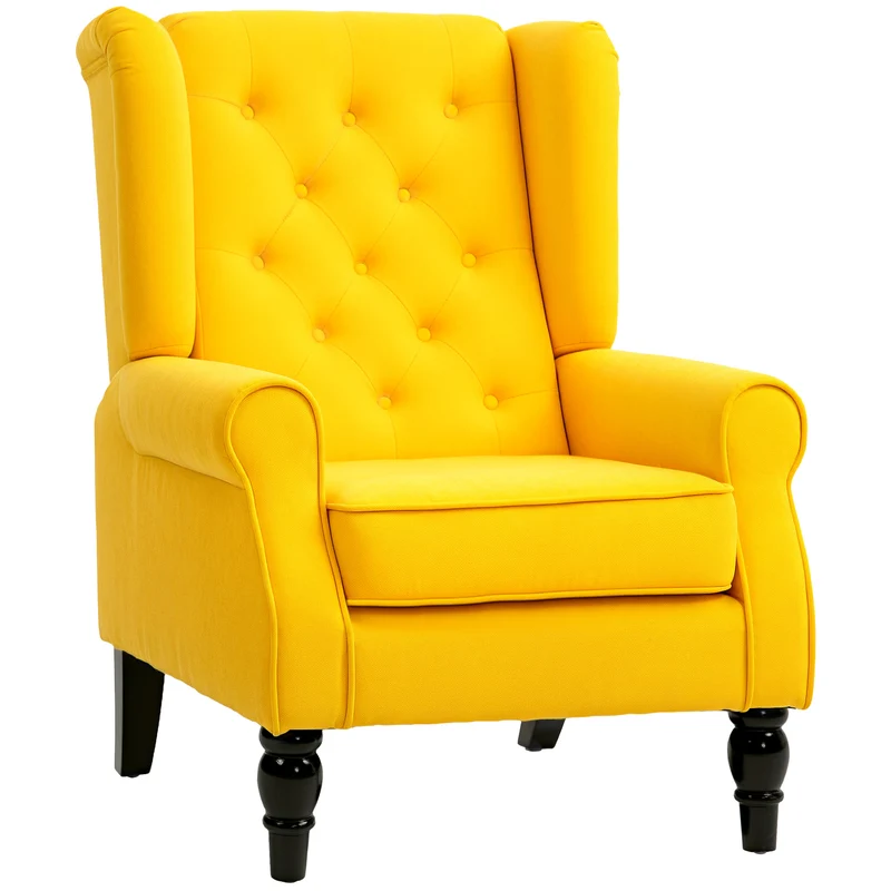Poltrona Camera da Letto in Stile Francese 74x86x102 cm con Ampia Seduta e Gambe in Legno in Velluto Giallo