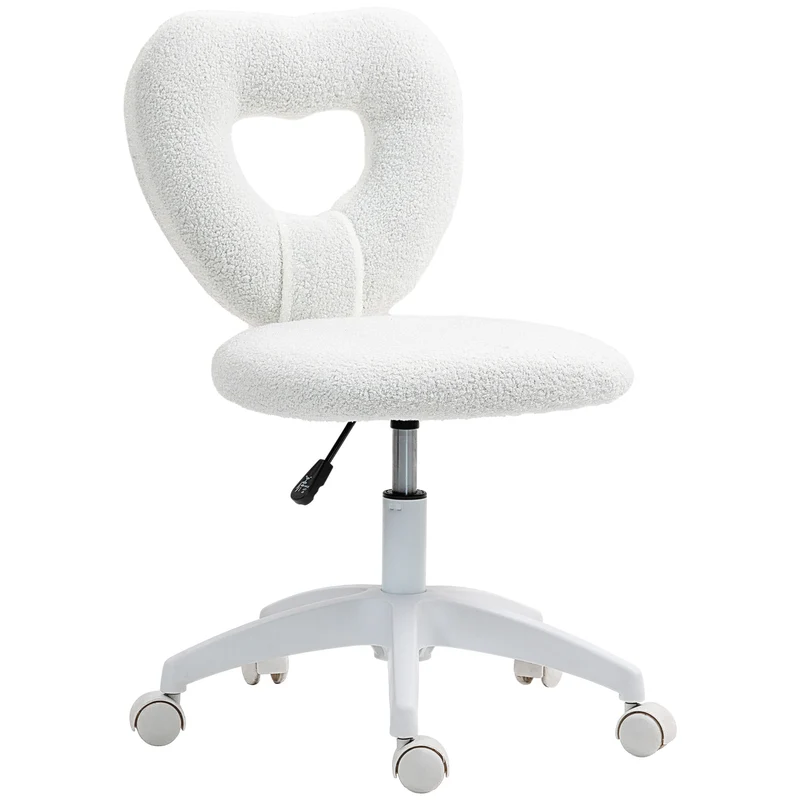 EasyComfort Sedia da Ufficio Imbottita con Schienale a Cuore e Rotelle, Poltrona moderno in Velluto Teddy e Plastica, 45x56x78-88 cm, Bianco