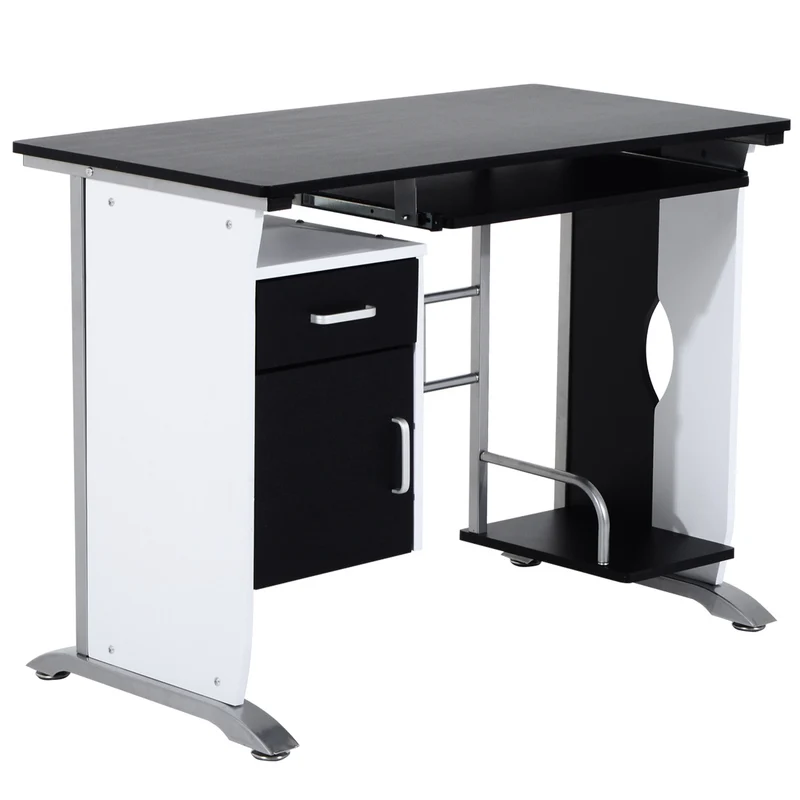 EasyComfort Scrivania per Computer con Ripiano, Cassetto e Armadietto, in MDF e Ferro, 100x52x75 cm, Bianca e Nera