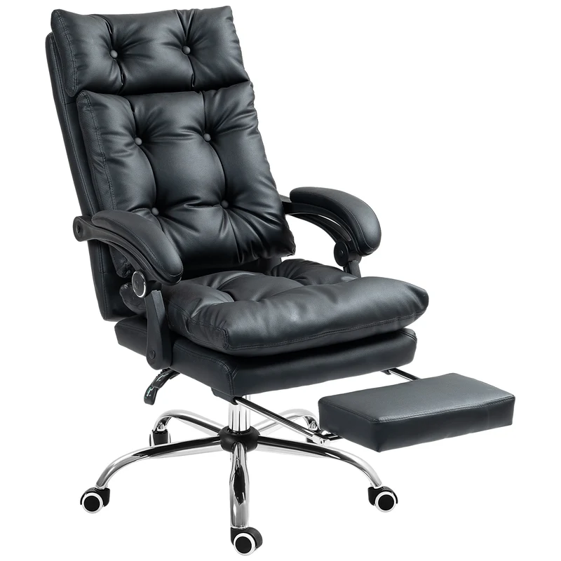 EasyComfort Poltrona da Ufficio in Finta Pelle con Schienale Reclinabile 135° e Poggiapiedi Estraibile, Nero