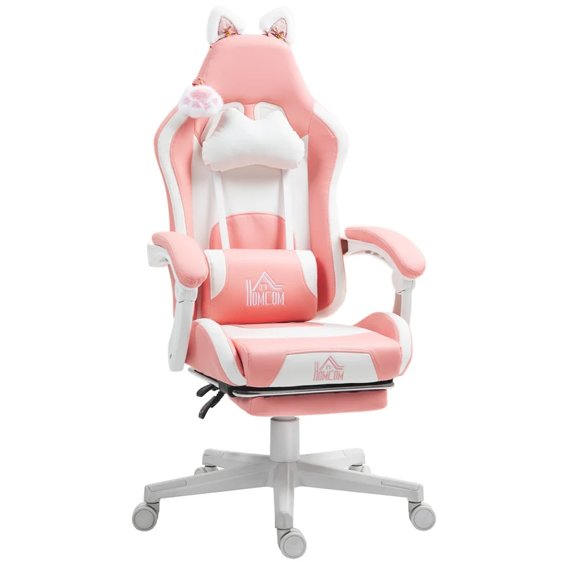 EasyComfort Sedia da Gaming Ergonomica con Orecchie da Gatto, Poggiapiedi, Supporto Lombare e Cervicale, Rosa