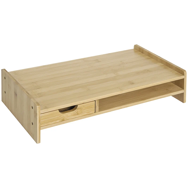EasyComfort Supporto Monitor con Spazio per Mouse e Tastiera e Ripiano con Cubo Portaoggetti, in Bambù, 49x25.5x11.5 cm