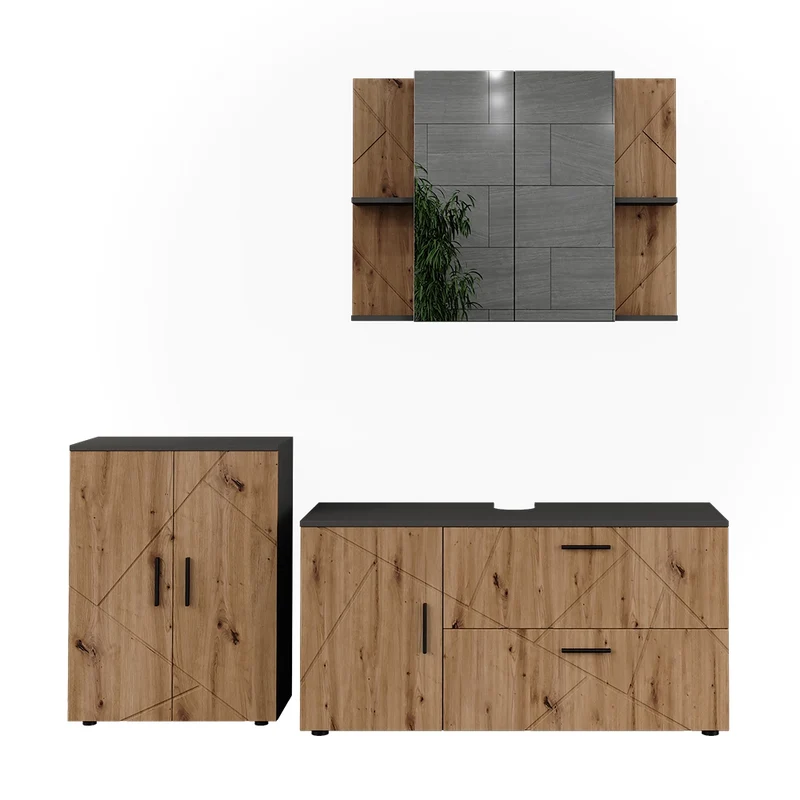 Set di mobili da bagno Irma Antracite/Rovere dorato 3 pezzi Vicco