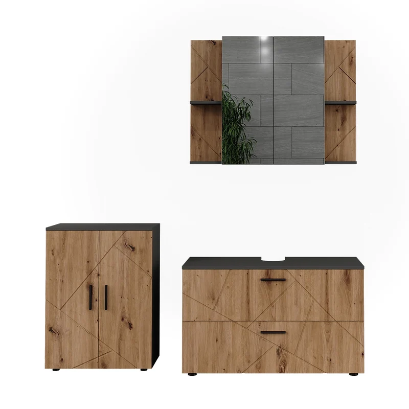 Set di mobili da bagno Irma Antracite/Rovere dorato 3 pezzi Vicco