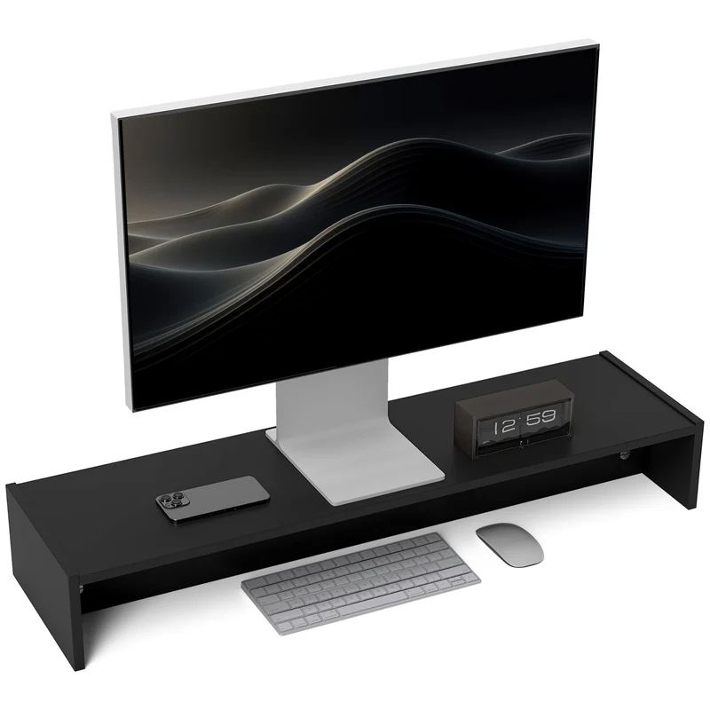 EasyComfort Supporto per Monitor con 2 Vani Contenitore in Legno, 100x27x15 cm, Nero