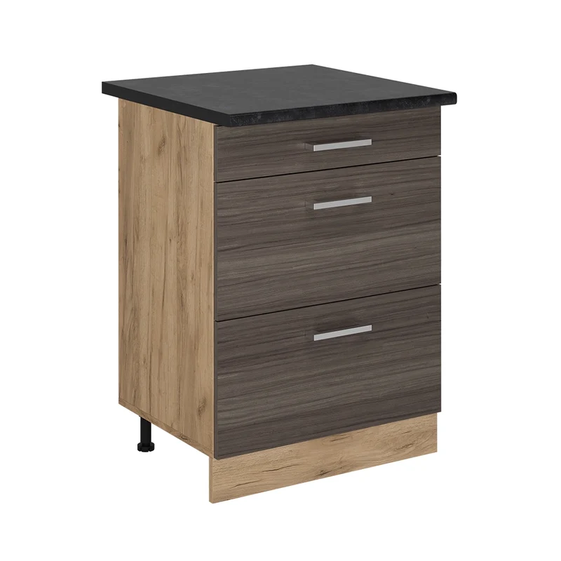 Mobiletto base per cucina R-Line Grigio nobile/Rovere dorato 60 cm con cassetti, PL Antracite Vicco