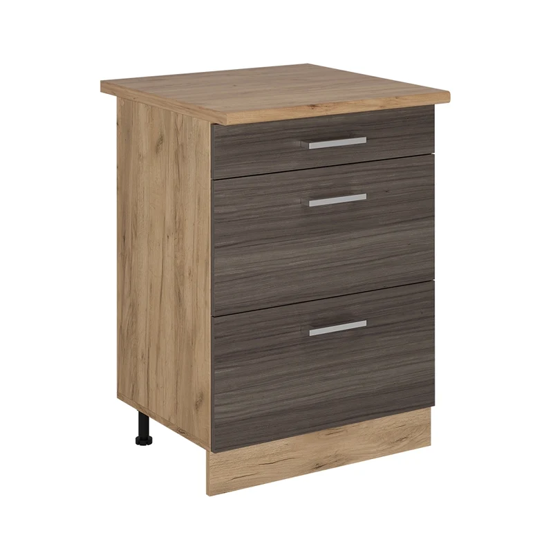 Mobiletto base per cucina R-Line Grigio nobile/Rovere dorato 60 cm con cassetti, PL Rovere Vicco