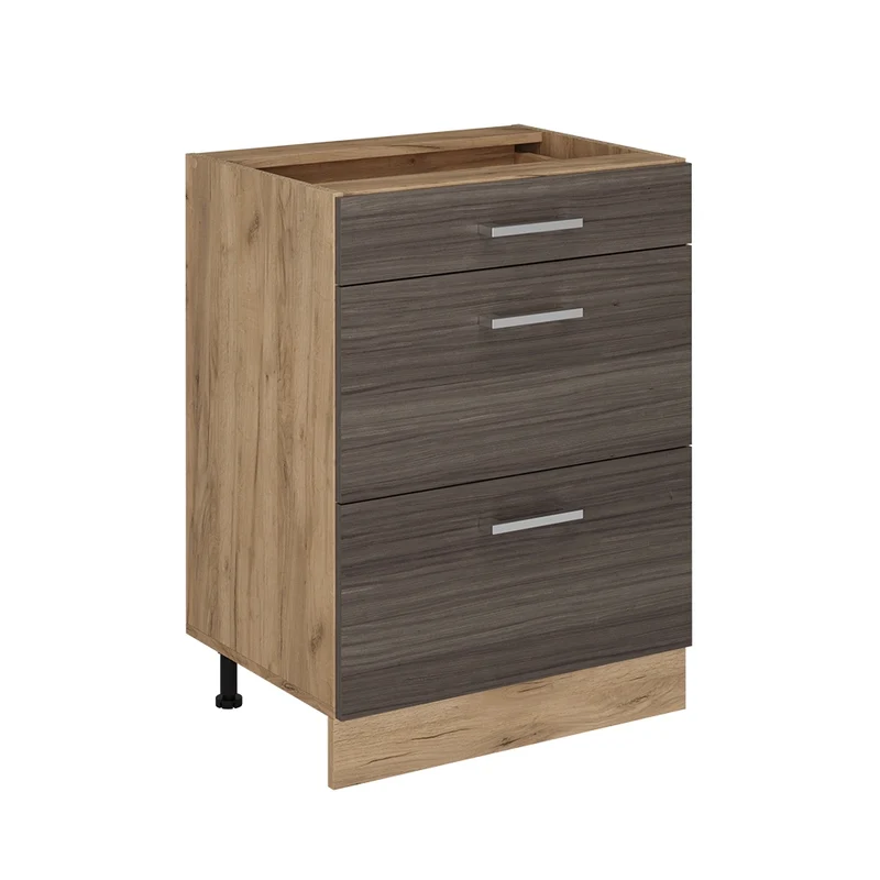 Mobiletto base per cucina R-Line Grigio nobile/Rovere dorato 60 cm con cassetti, senza piano di lavoro Vicco