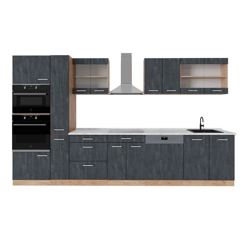 Cucina completa R-Line Calce nera/Rovere dorato 350 cm, PL Marmo Vicco