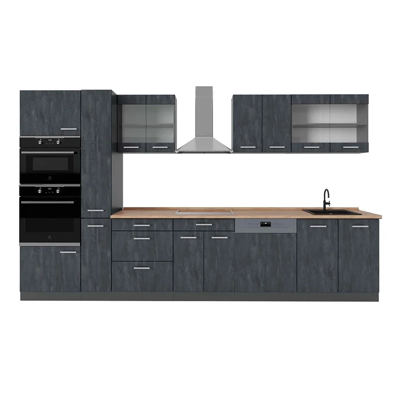 Cucina completa R-Line Calce nera/Antracite 350 cm, PL Rovere Vicco