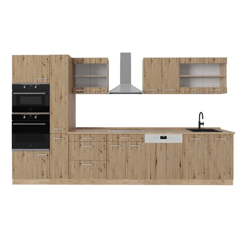 Cucina componibile R-Line Rovere artigianale/Rovere dorato 350 cm con armadio alto, PL Rovere Vicco