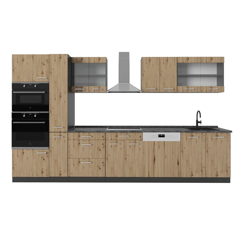 Cucina componibile R-Line Rovere artigianale/Rovere dorato 350 cm con armadio alto, senza piano di lavoro Vicco