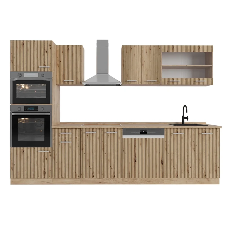 Cucina componibile R-Line Rovere artigianale/Rovere dorato 300 cm con armadio alto, PL Rovere Vicco