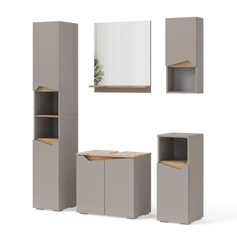 Combinazione di mobili da bagno Marelle Grigio/Rovere artigianale 5 pezzi Vicco