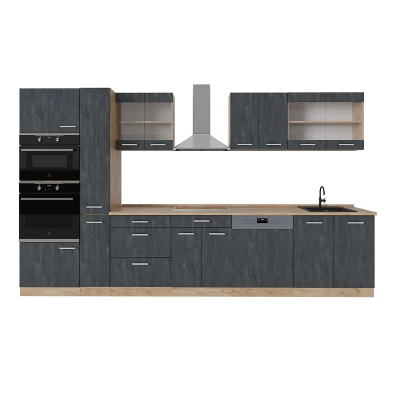 Cucina componibile R-Line Calce nera/Rovere dorato 350 cm senza piano di lavoro Vicco