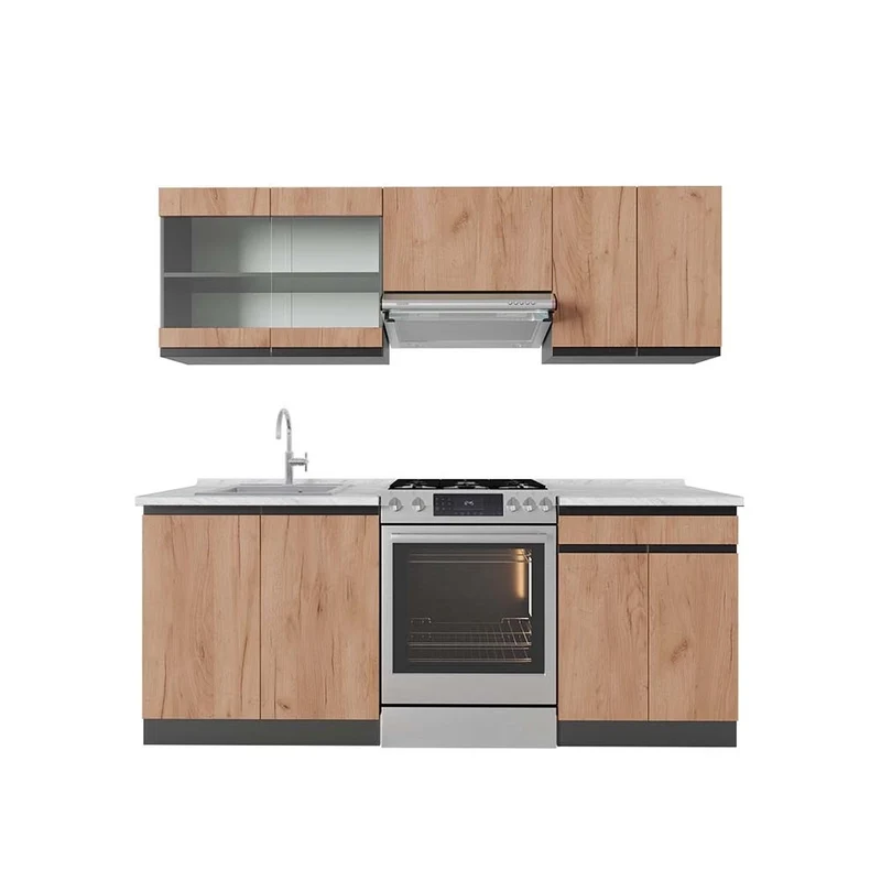 Cucina componibile R-Line Rovere dorato/Antracite 200 cm J-Shape, PL Marmo Vicco