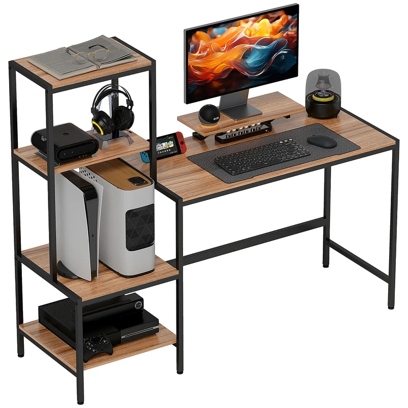 Scrivania per PC Reversibile 150x48x125cm con Supporto per Monitor e Scaffali Marrone