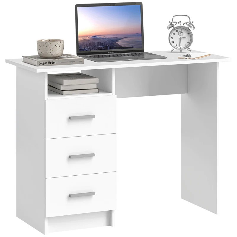 Scrivania 100x40x75 cm con 3 Cassetti e Vano a Giorno in Legno Bianco
