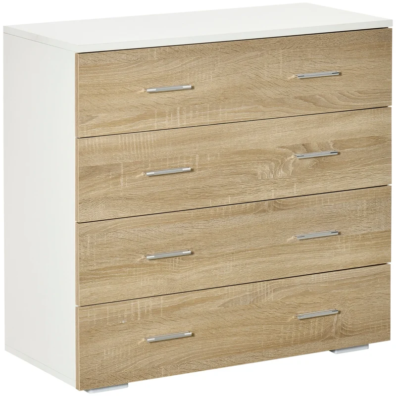 Cassettiera 4 Cassetti 76x35x72 cm in Legno e Maniglie in Alluminio Bianco e Rovere