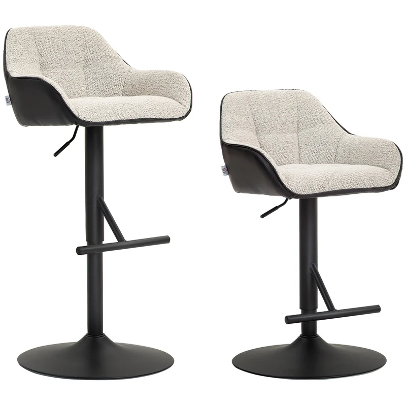 Set 2 Sgabelli Girevoli Imbottiti ad Altezza Regolabile con Schienale 52,5x53x86,5-108 cm Nero e Grigio Chiaro