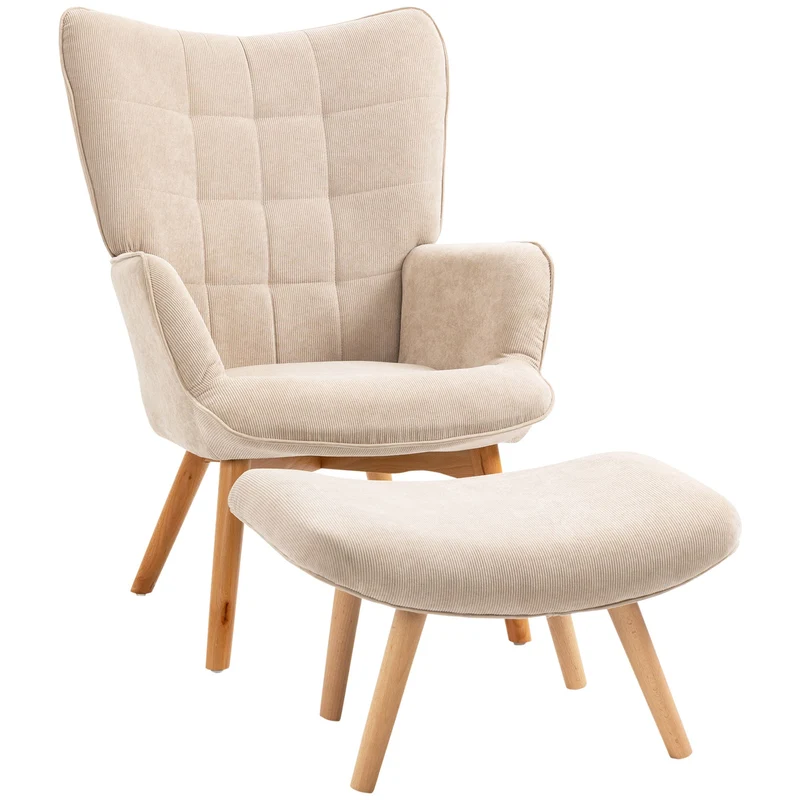 Poltrona Relax con Pouf Poggiapiedi in Velluto a Costine Beige