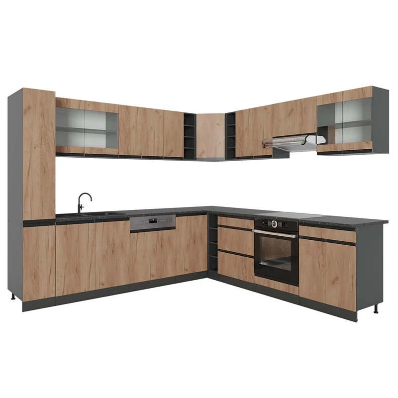 Cucina angolare completa R-Line Rovere dorato/Antracite 277 x 257 cm Forma a J, senza piano di lavoro Vicco